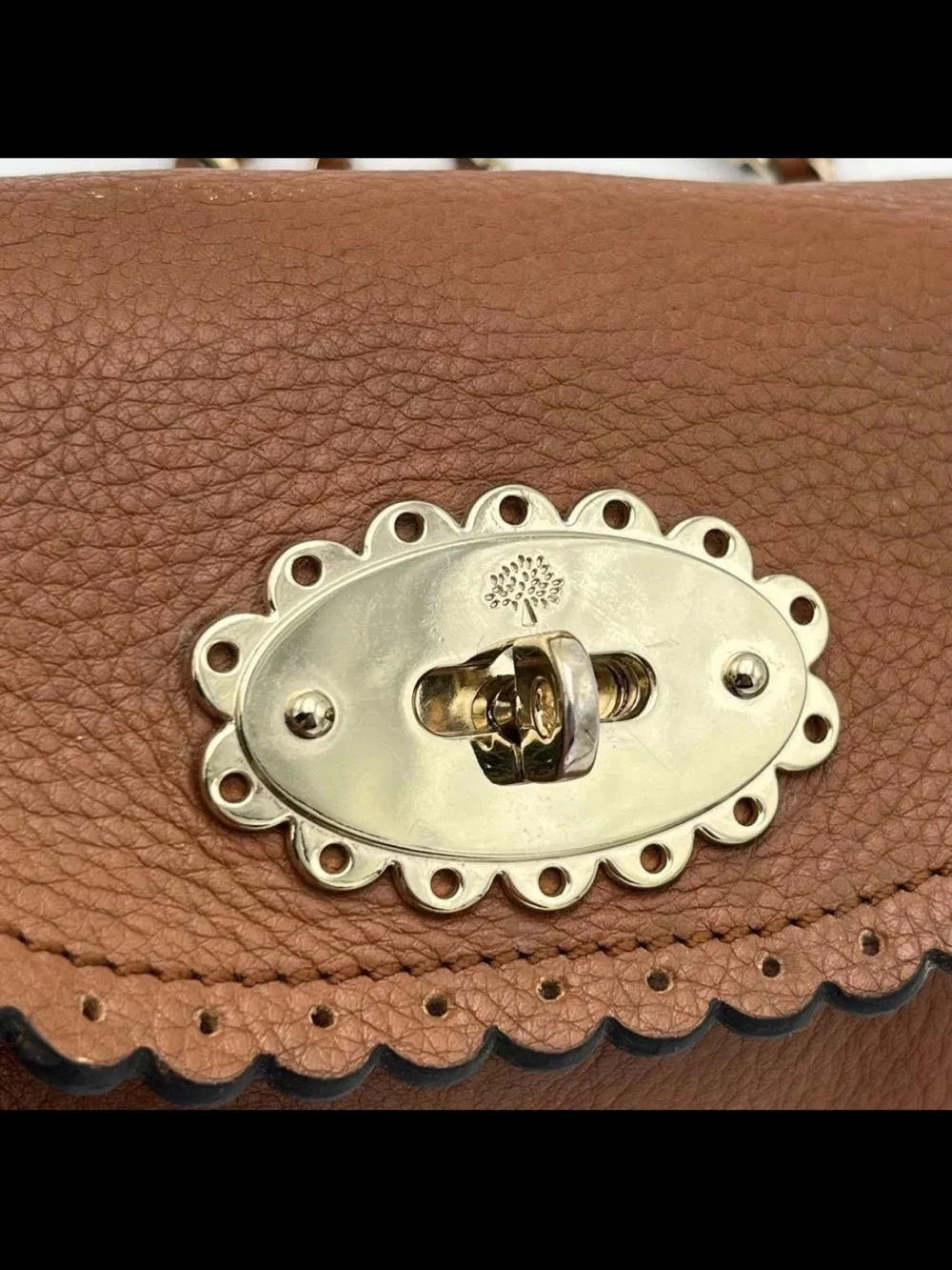 Mulberry Tan Leather Scalloped Flap Crossbody with Chain Strap